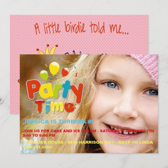 Inbjudan för födelsedag för partyTime (Fram/baksida)