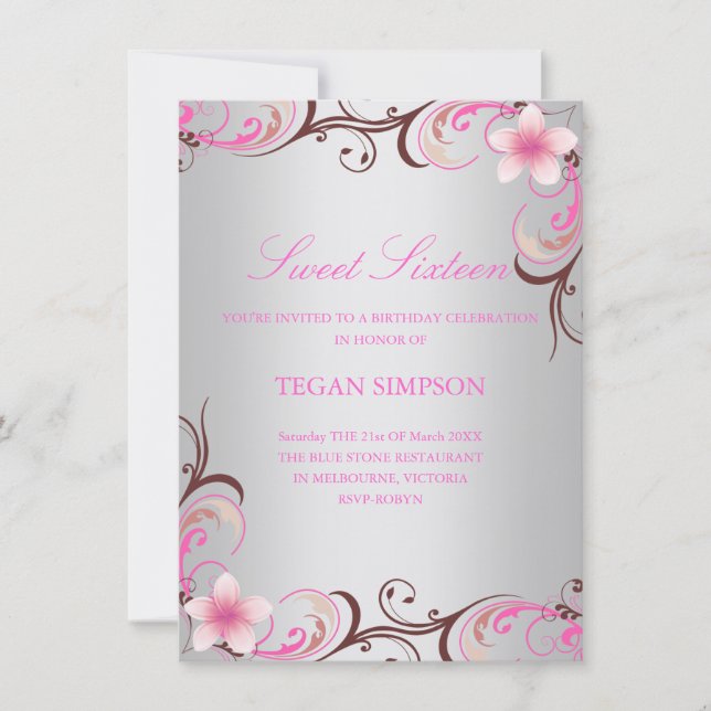 Inbjudan för födelsedag för silverFrangipanisweet (Framsida)