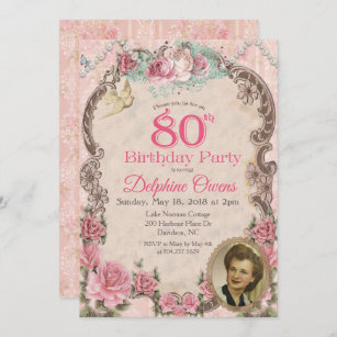 Inbjudan för födelsedag för vintageblommigt 80th