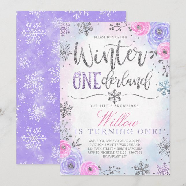 Inbjudan för födelsedag för vinterONEderland (Fram/baksida)