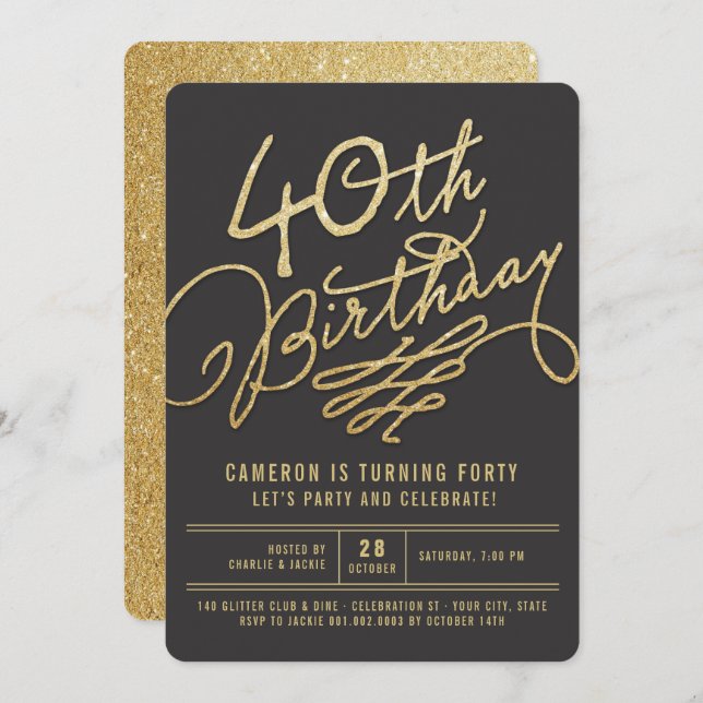 Inbjudan för födelsedagsfest för vuxen 40th för (Fram/baksida)