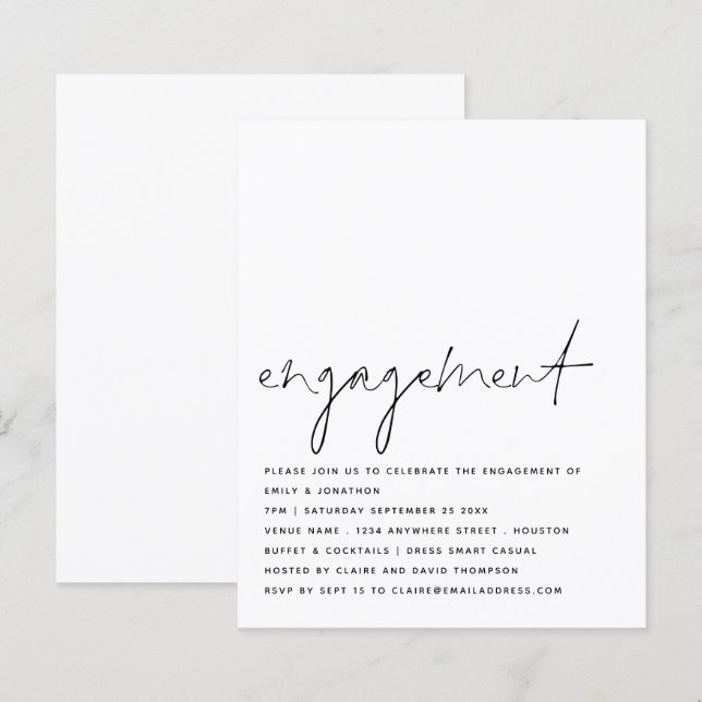 Inbjudan för Förlovningsfesten för svartvit budget (Fram/baksida)