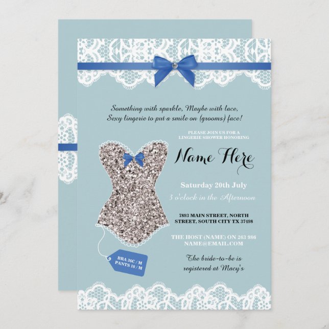 Inbjudan för glitter för blått för silver för (Fram/baksida)