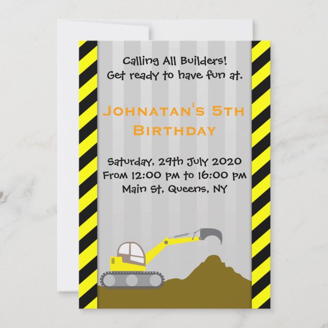 Inbjudan för grävskopakonstruktionsfödelsedag (Framsida)
