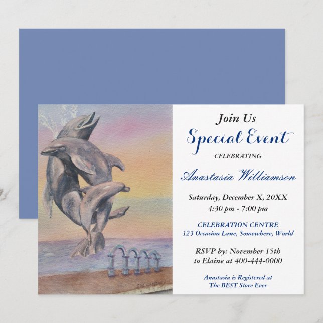 INBJUDAN FÖR HÄNDELSE FÖR DELFINDESTINATIONSPARTY (Fram/baksida)