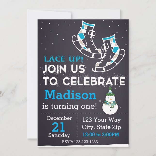 Inbjudan för isskridskofödelsedag (blått) (Framsida)