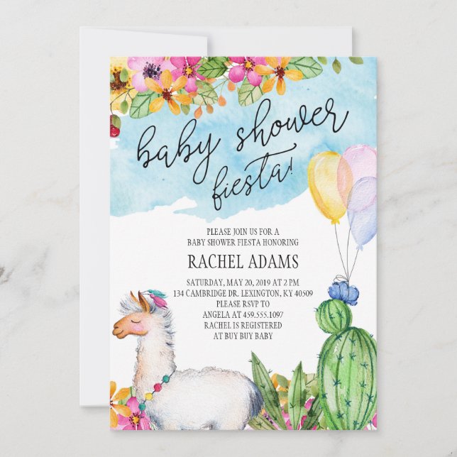 Inbjudan för kaktus- och Llamababy showerFiesta (Framsida)