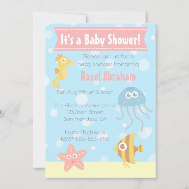 Inbjudan för Kawaii undervattens- temababy shower (Framsida)