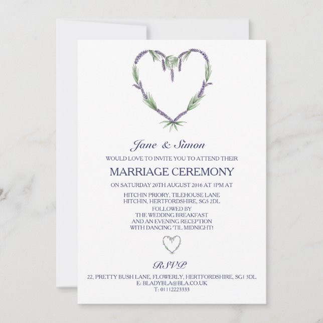 Inbjudan för lavendelhjärtabröllop (Framsida)
