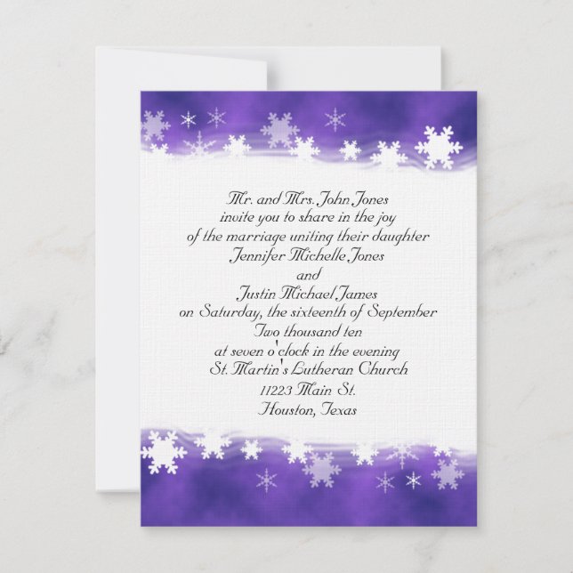 Inbjudan för lila- och vitSnowflakebröllop (Framsida)