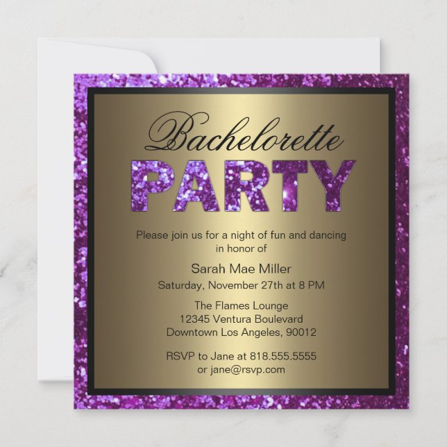 Inbjudan för lilaglitterBachelorette party (Framsida)