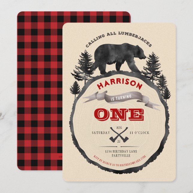 Inbjudan för Lumberjackbjörnfödelsedag (Fram/baksida)