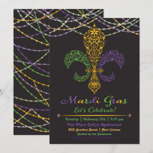Inbjudan för Mardi Gras Fleur DeLisparty på svart