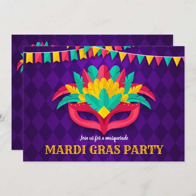Inbjudan för Mardi Gras maskeradparty (Fram/baksida)