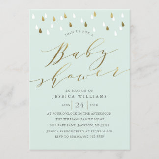 Inbjudan för mint- & guldcalligraphybaby shower