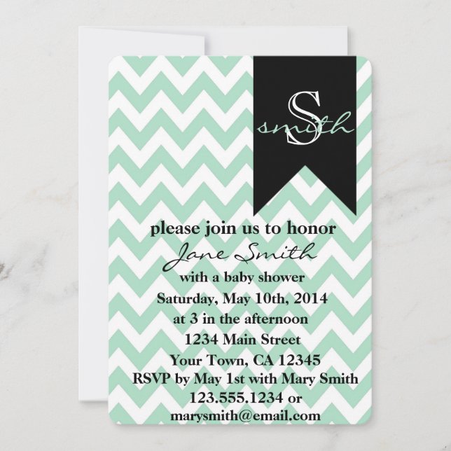 Inbjudan för mint- och svartMonogrambaby shower (Framsida)