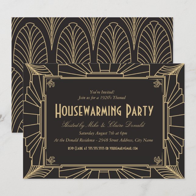 Inbjudan för party för art décostil inflyttnings- (Fram/baksida)
