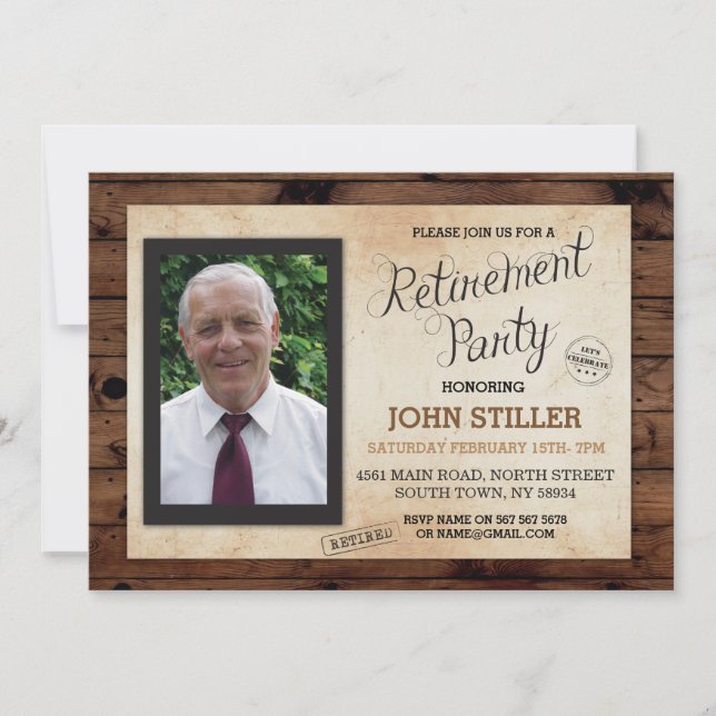 Inbjudan för party för pensionfoto Wood lantlig (Framsida)