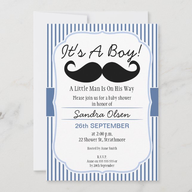 Inbjudan för pojkemustaschbaby shower (Framsida)