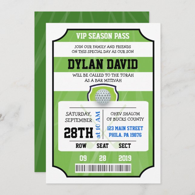 Inbjudan för pub för GOLFVIP-BILJETT bat mitzvah (Fram/baksida)