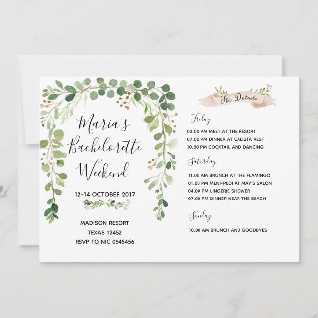 Inbjudan för resplan för grönskaBachelorette helg (Framsida)