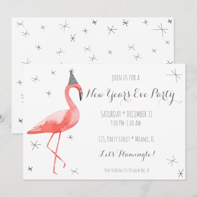 Inbjudan för roligt för Flamingonyårsaftonparty (Fram/baksida)