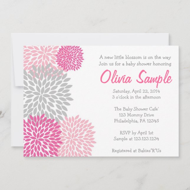 Inbjudan för rosa- och grå färgDahliababy shower (Framsida)