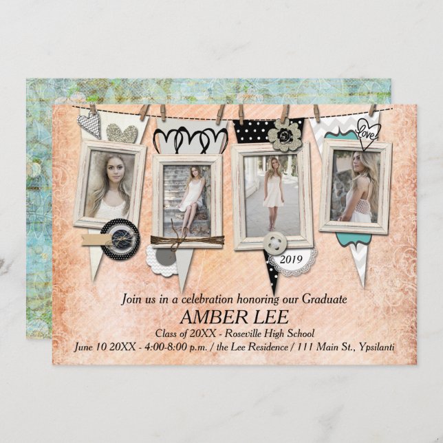 Inbjudan för shabby chicfotostudentfest (Fram/baksida)