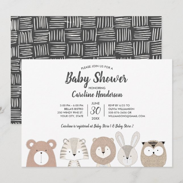 Inbjudan för skogsmark- & djungeldjurbaby shower (Fram/baksida)
