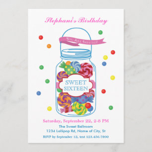 Inbjudan för sweet sixteen för godisMasonburk