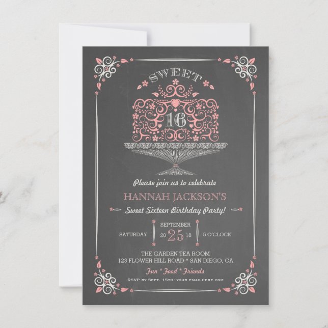 Inbjudan för tårta för svart tavlasweet sixteen (Framsida)