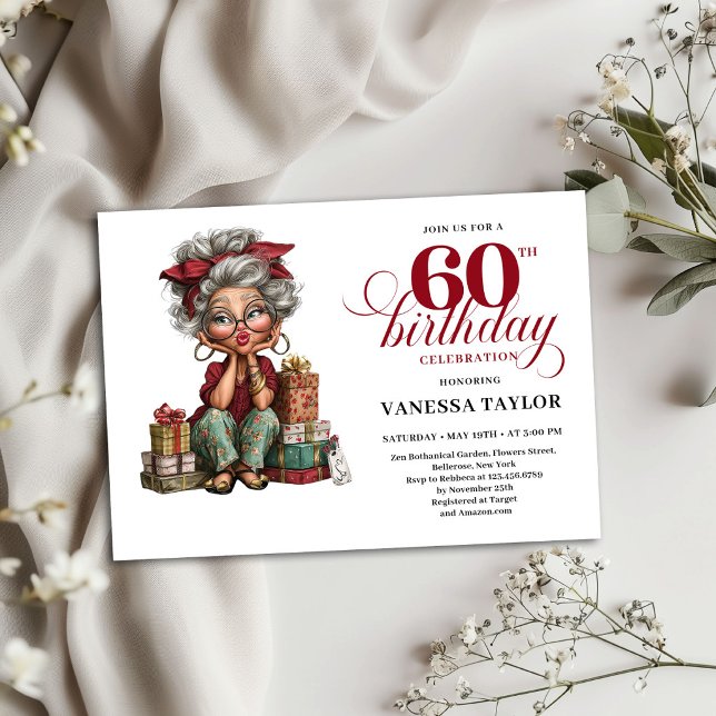 Inbjudan för udda gammal dam 60-årsfirande mall (Quirky Old Lady 60th Birthday Invitation Template)