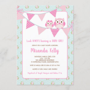 Inbjudan för ugglaflickababy shower, shabby chic