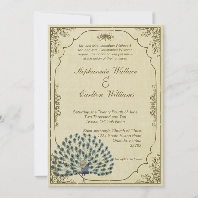 Inbjudan för vintagepåfågelbröllop (Framsida)