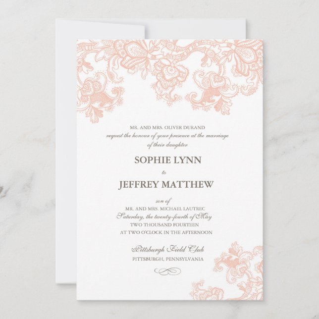 Inbjudan för vintagesnörebröllop (Framsida)