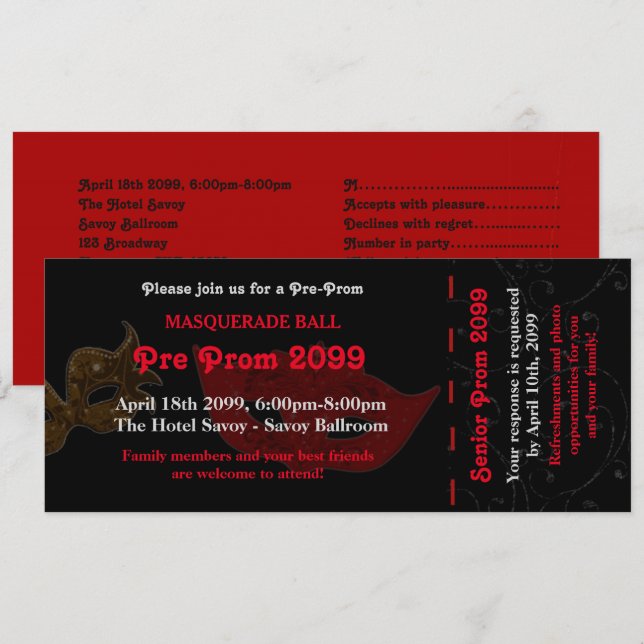 Inbjudan före Prom Biljett maskerad Stil,chic (Fram/baksida)
