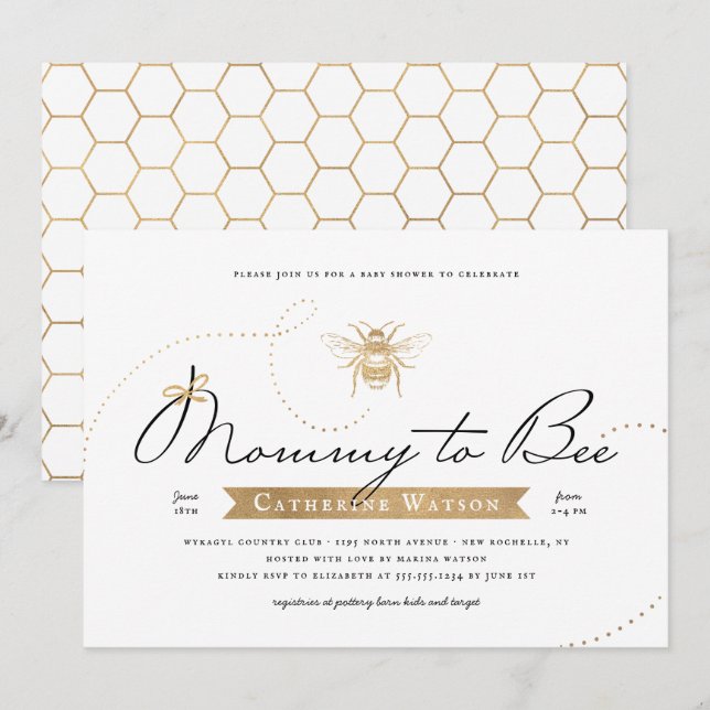 Inbjudan från Guld Mamma till Bee Baby Shower (Fram/baksida)