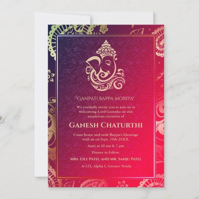 Inbjudan Ganesh Chaturthi Puja Roya Golden Inslag (Framsida)