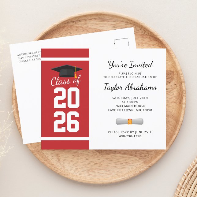 Inbjudan Grad 2023 Red White Studentfest (Graduation 2025 Script Red White Typography Party Invitation)
