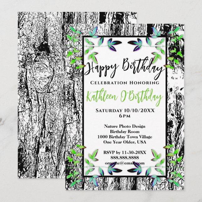 INBJUDAN grönt LÖV BLACK BARK GRATTIS PÅ FÖDELSEDA (Fram/baksida)