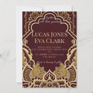 Inbjudan guld Burgundy Mehendi Henna Indian Bröllo