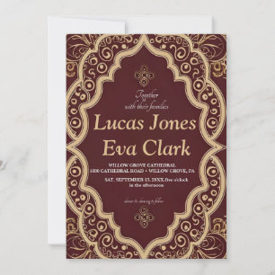 Inbjudan guld Burgundy Mehendi Henna Indian Bröllo