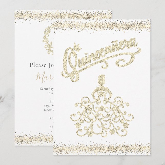 Inbjudan guld Glitter Quinceañera 15 Krona (Fram/baksida)