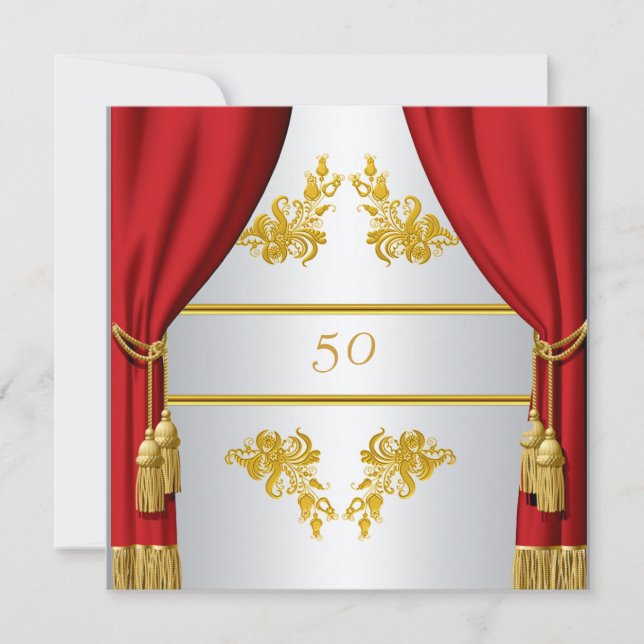 Inbjudan Guld Silver Red curtain Birthday Annive (Framsida)