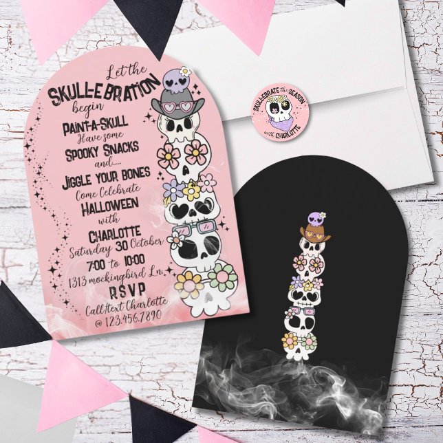 Inbjudan Halloweenfest “Skull-ebration” (Envelope seal sticker sold separately see other listing in this collection)