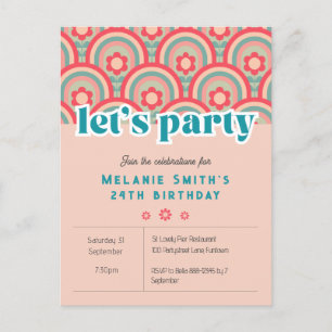 Inbjudan "Låt oss Party" Retro-blommans barn, rosa