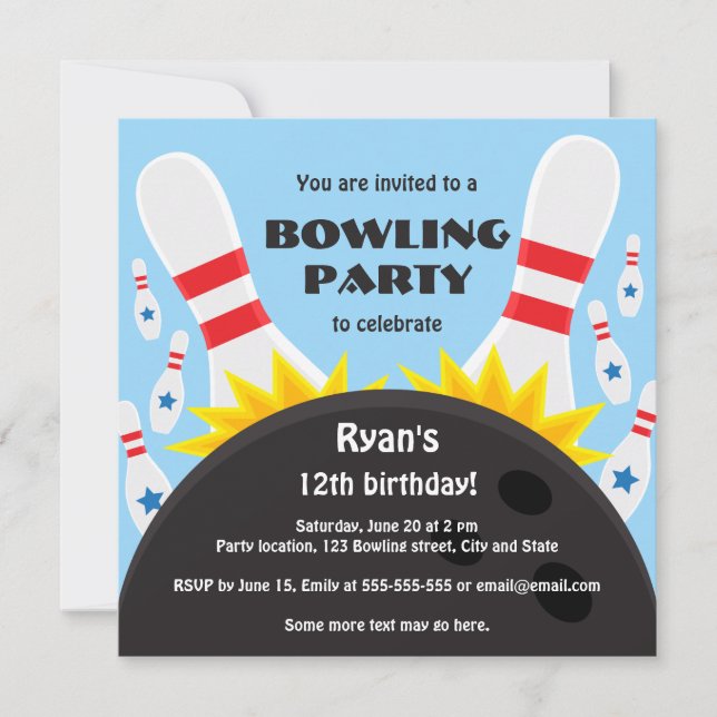 Inbjudan med bowlingboll, blå (Framsida)