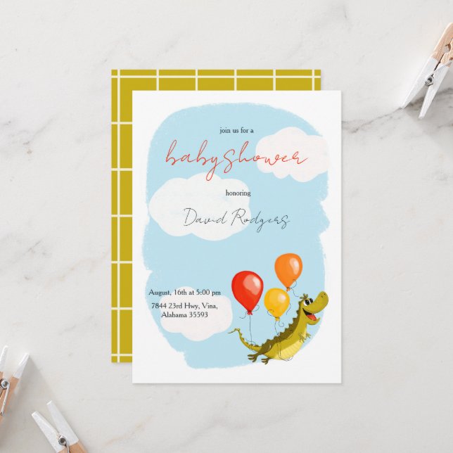 Inbjudan med krokodil för baby shower (Fram/Back In Situ)