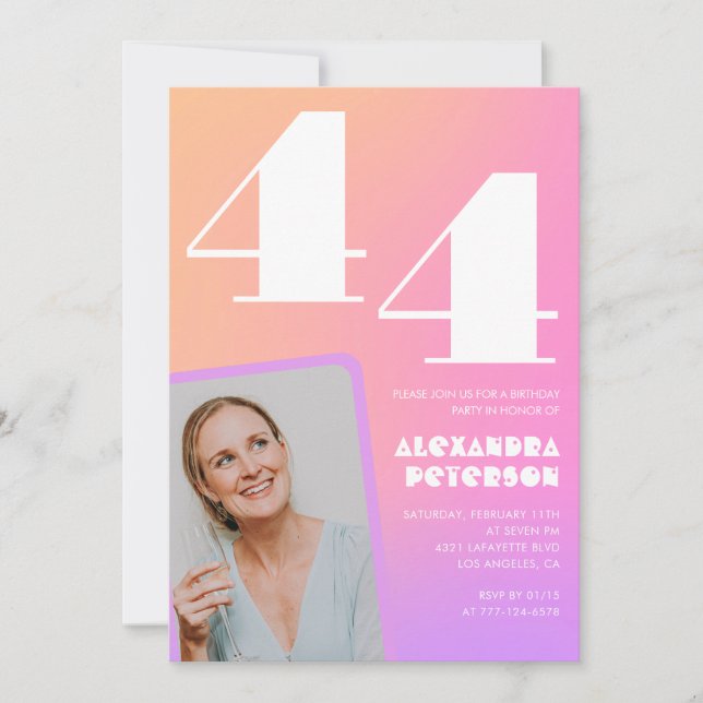 Inbjudan med rosa gradient för 44-årsdag Retro fot (Framsida)