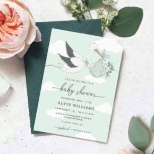 Inbjudan Mint Grönt Stork Baby Shower